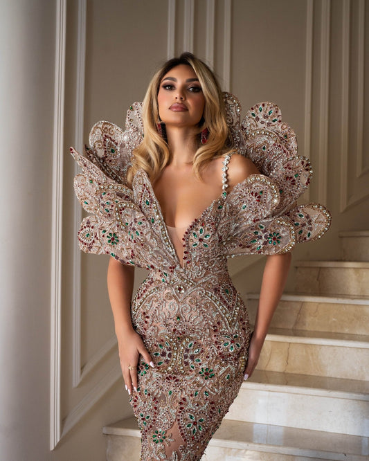 Ruby Crystal Dress Embellished with Feathers - BLINI