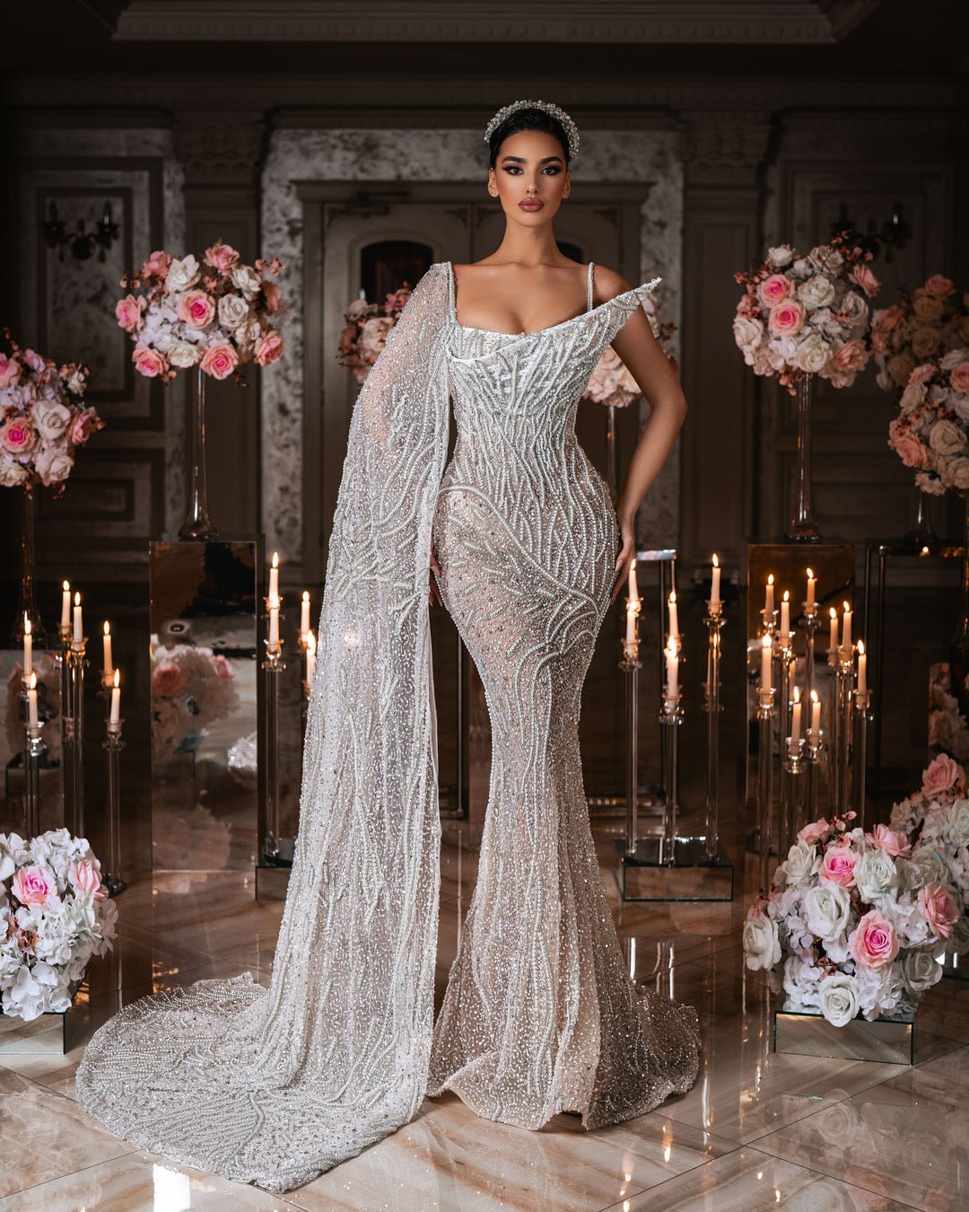 Ryleé Bridal Dress with Pearls and Side Cape - BLINI