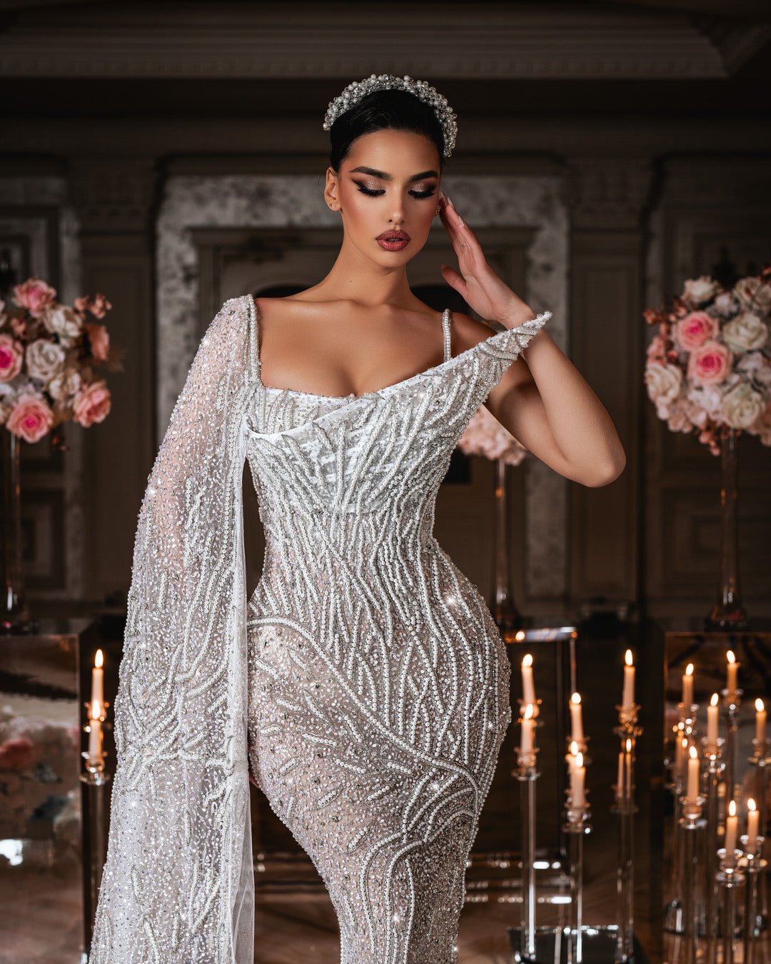 Ryleé Bridal Dress with Pearls and Side Cape - BLINI