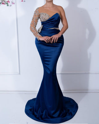 Elegant Sabine Blue one-shoulder dress embellished with sparkling crystals, perfect for formal occasions.