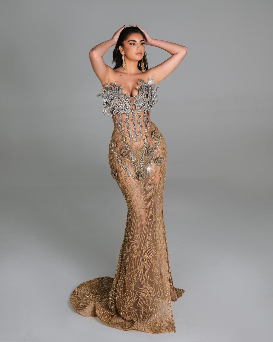 Sahara Nude Dress with Floral And Leaves Design - BLINI