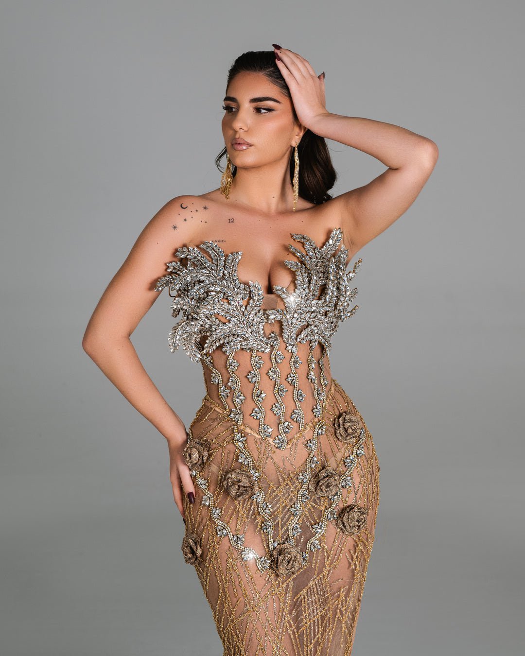 Sahara Nude Dress with Floral And Leaves Design - BLINI