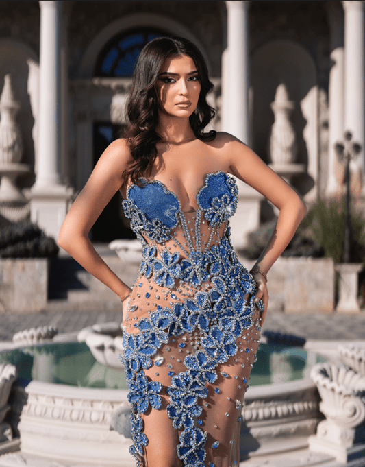 Saphira Blue Dress with Floral Designs - BLINI