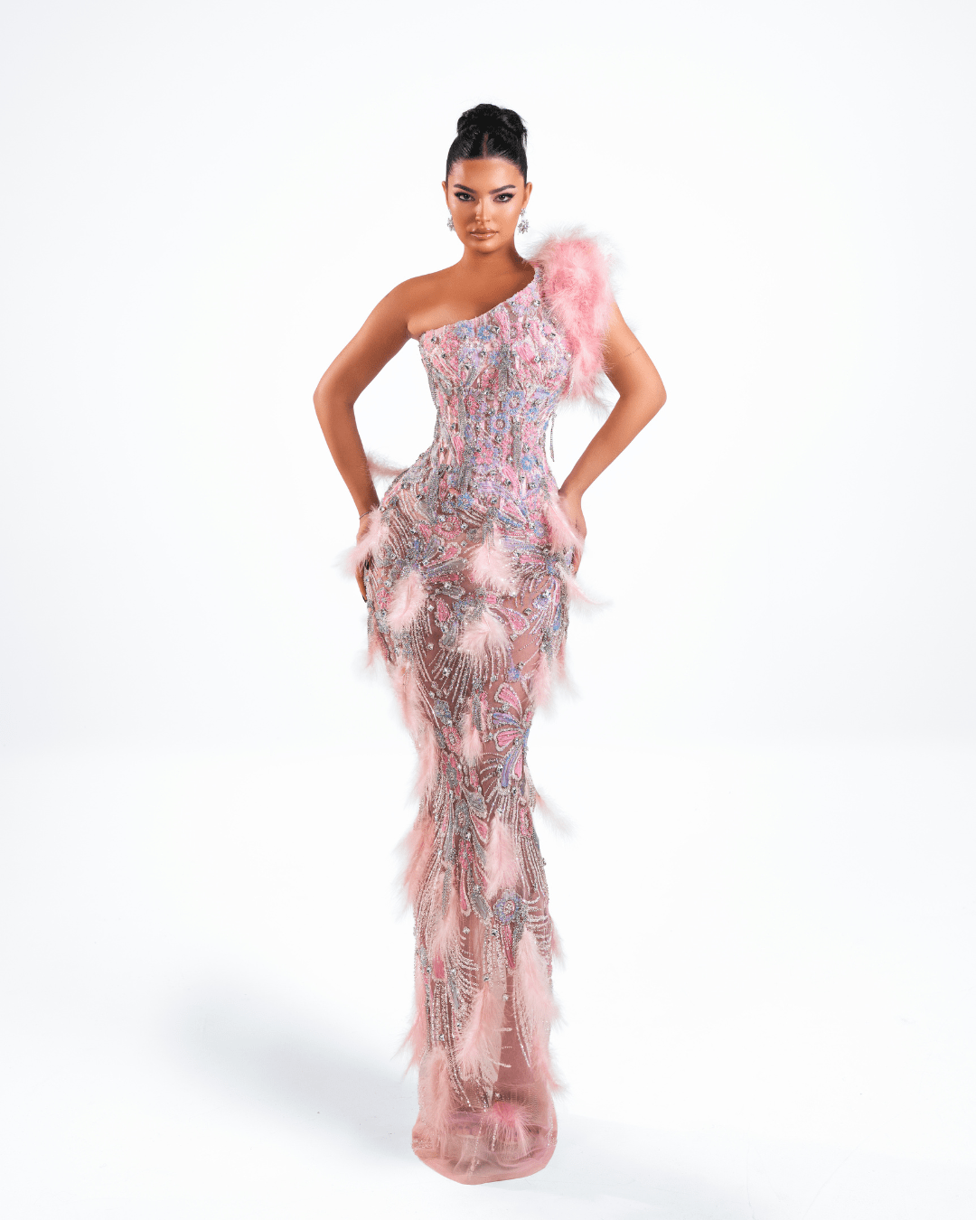 Siare Pink Long Sleeveless Dress with Crystals and Feathers - BLINI