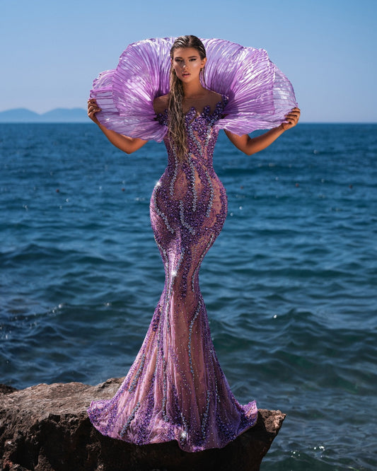 Siréna Purple Dress with Organdy Shoulder Details - BLINI