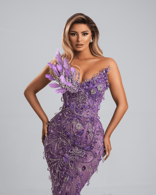Sodila Purple Long Dress with Feathers - BLINI