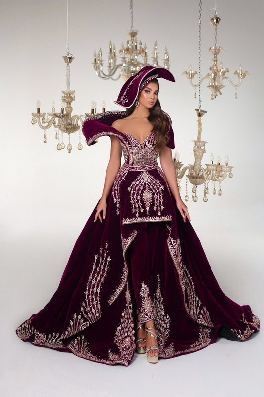 Sparklora Burgundy Velvet Jumpsuit with Gemstone Details - BLINI