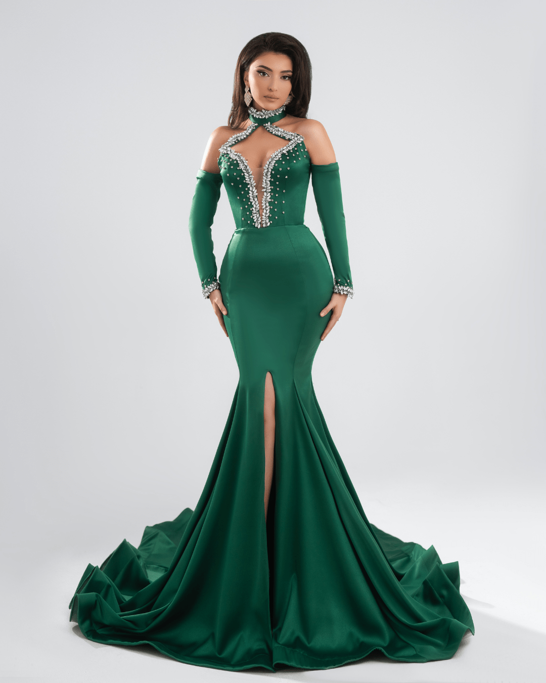 Taila Green Long Dress with Crystals and Cut Outs - BLINI