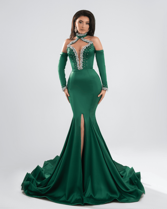 Taila Green Long Dress with Crystals and Cut Outs - BLINI