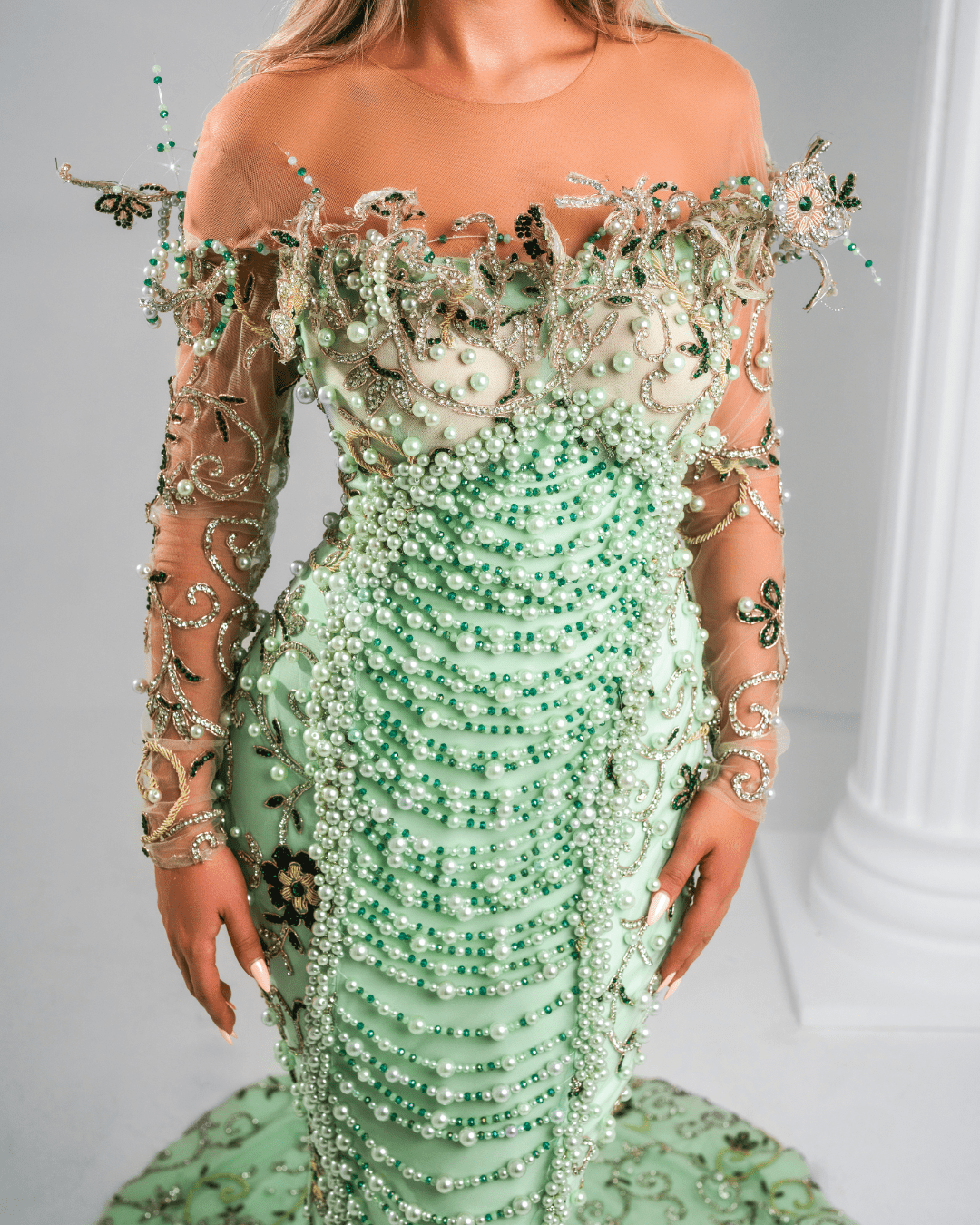 Talere Aqua Dress with Crystals and Pearls - BLINI