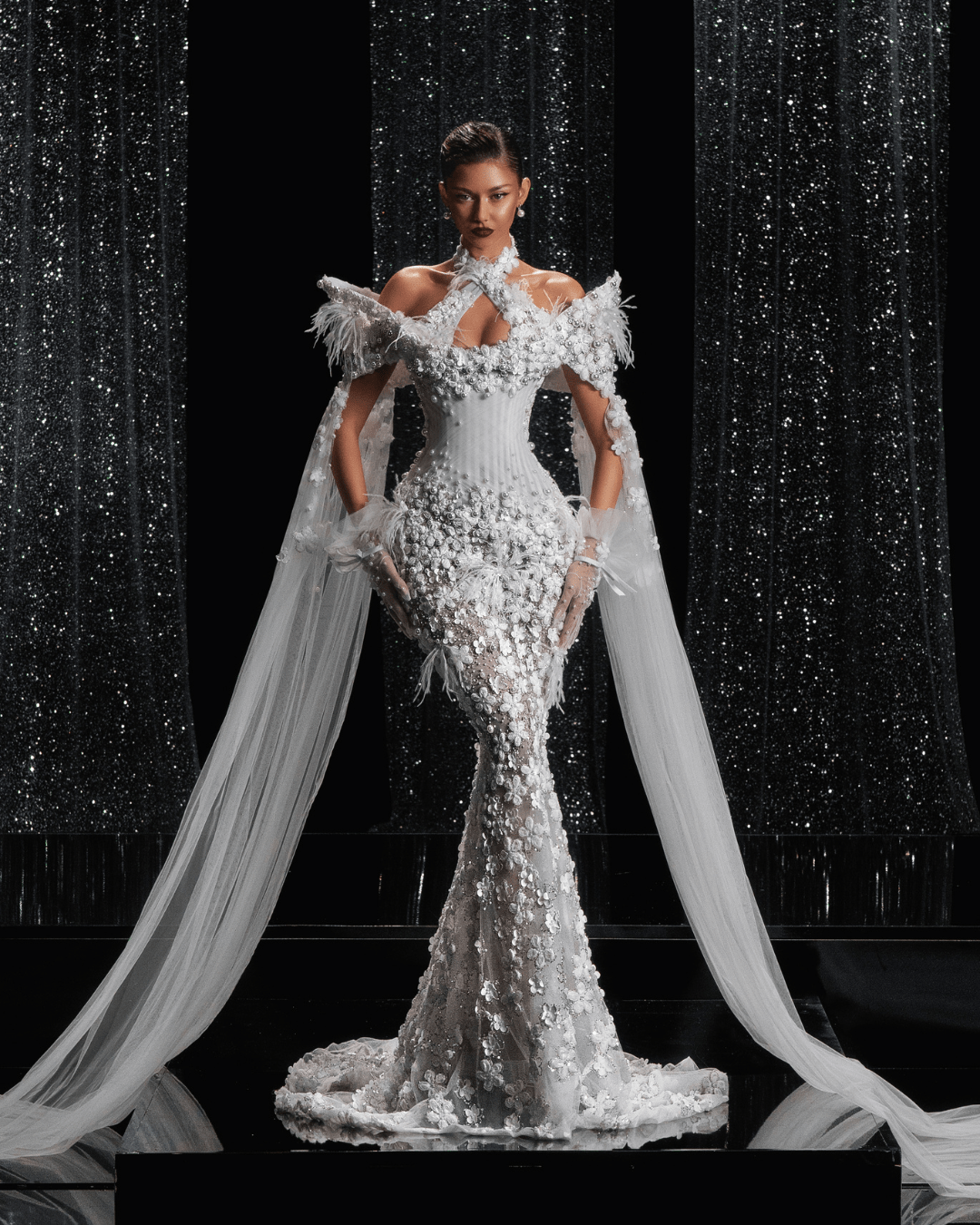 Talyane Bridal Dress with Side Capes and Flowers - BLINI