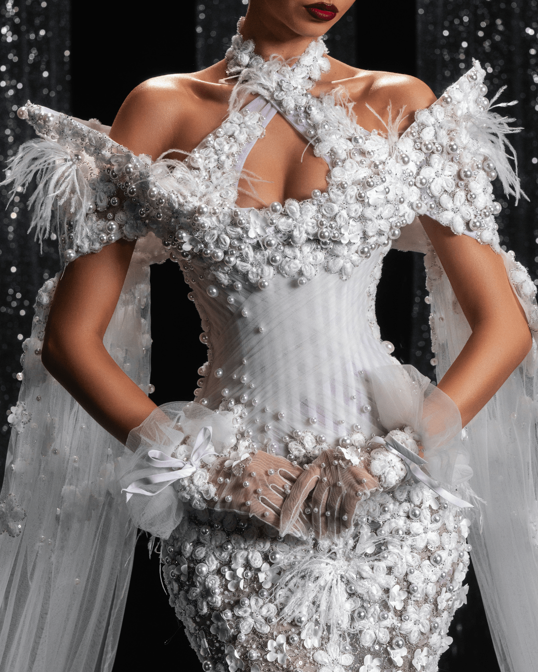 Talyane Bridal Dress with Side Capes and Flowers - BLINI