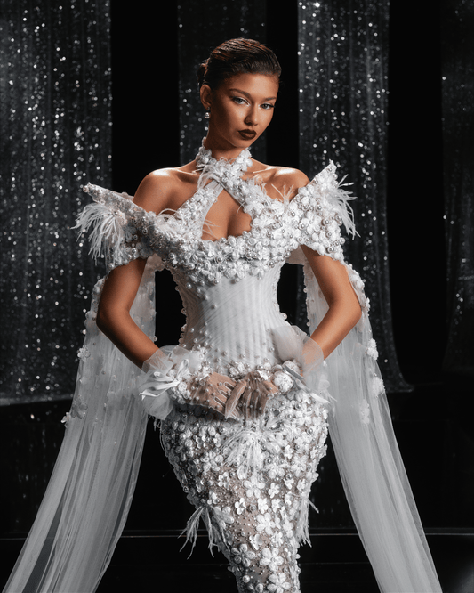 Talyane Bridal Dress with Side Capes and Flowers - BLINI