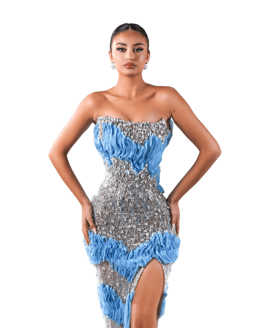 Tanay Blue Long Sleeveless Dress with Crystals - BLINI