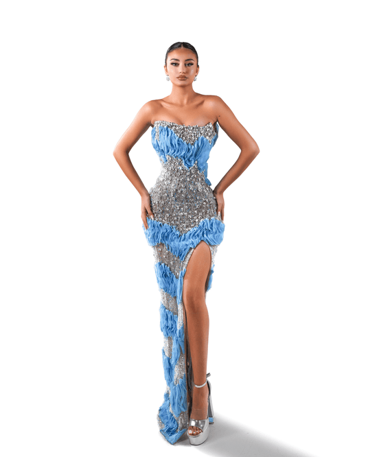 Tanay Blue Long Sleeveless Dress with Crystals - BLINI