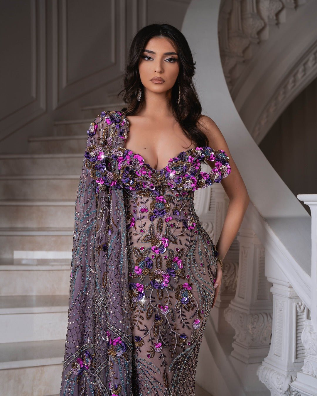 Tatiana Purple Dress with Floral Designs - BLINI