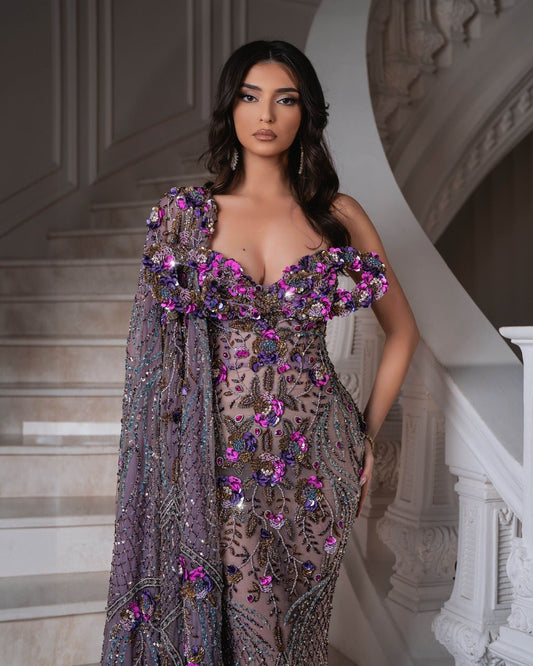 Tatiana Purple Dress with Floral Designs - BLINI