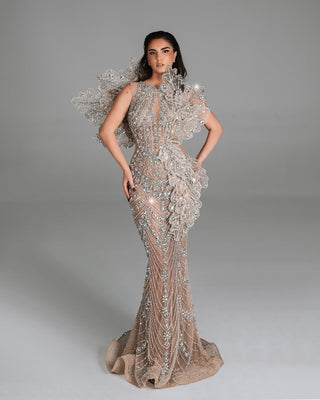 Elegant sheer gown with leaf-inspired design