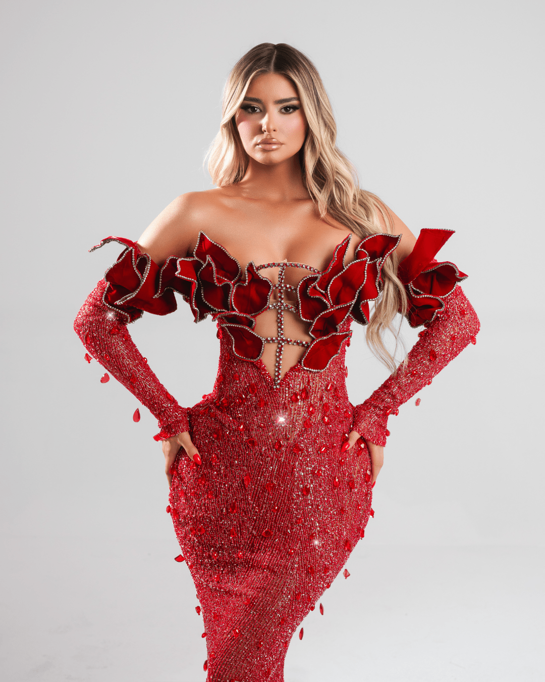 Tayres Red Dress with Crystals and Feathers - BLINI
