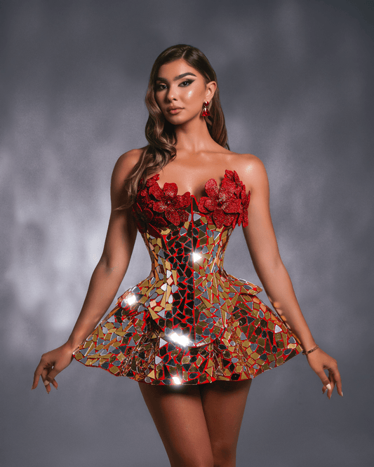 Terose Red Short Sleeveless Dress with Crystals and Flowers - BLINI