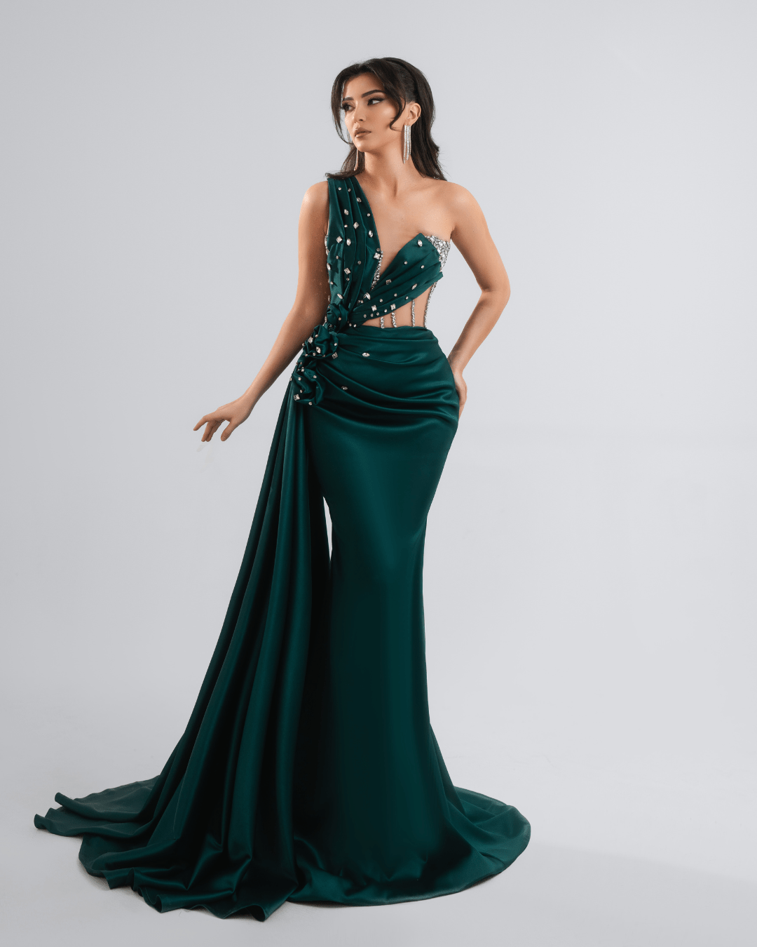Tesa Emerald Green Long Dress with Crystals and Cape - BLINI