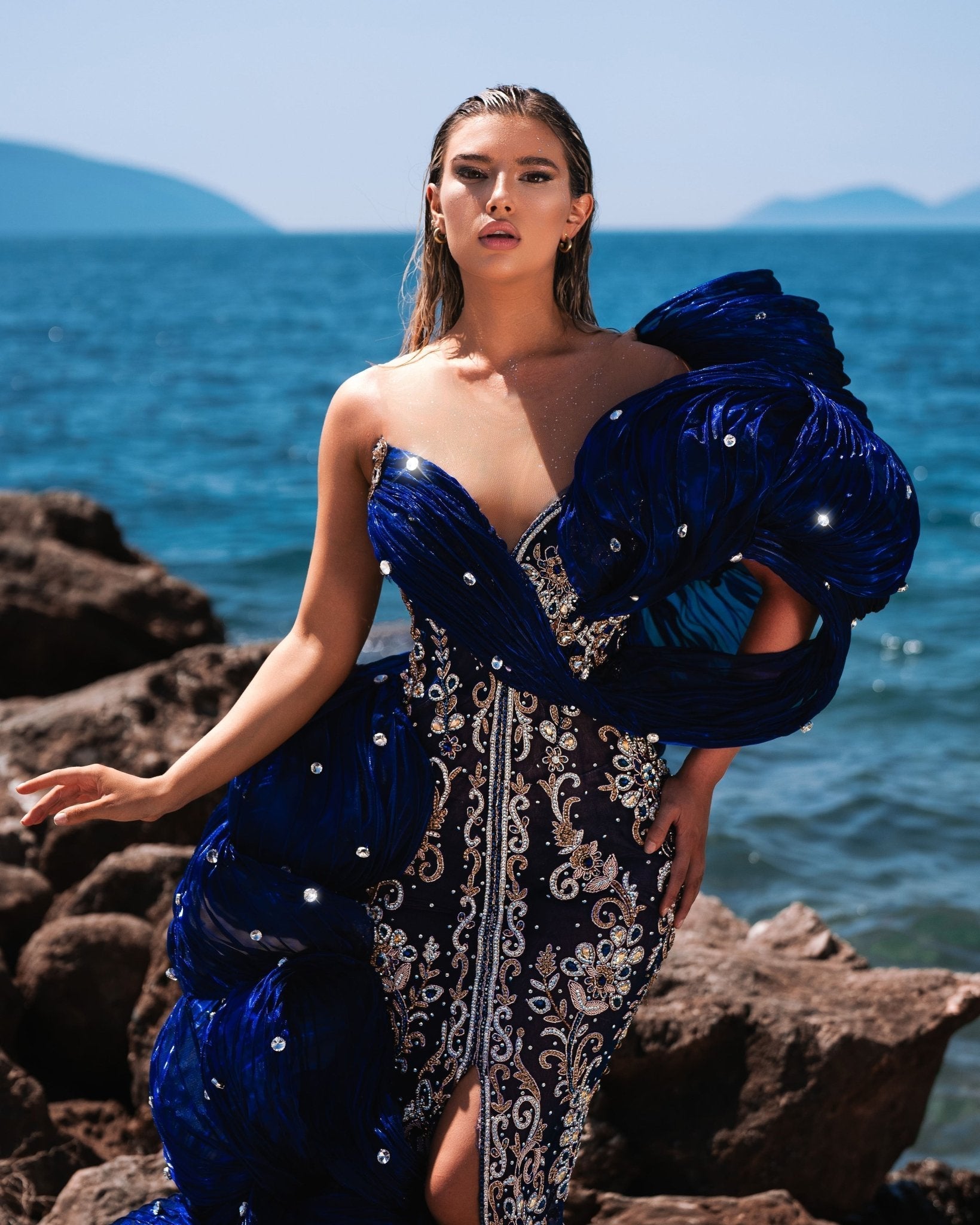 Thalássa Royal Blue Dress with Organdy Shoulder Details and Cape - BLINI