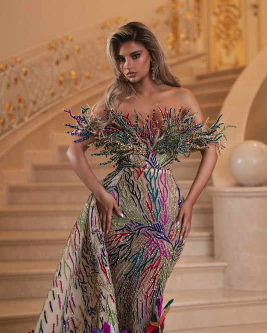 Theodora Colorful Dress with Feathers and Stones - BLINI