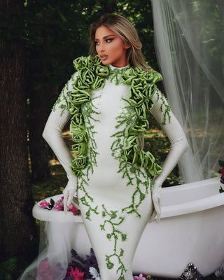 Milkey Dress with High Neck, Gloves, and Sparkling Green Flowers