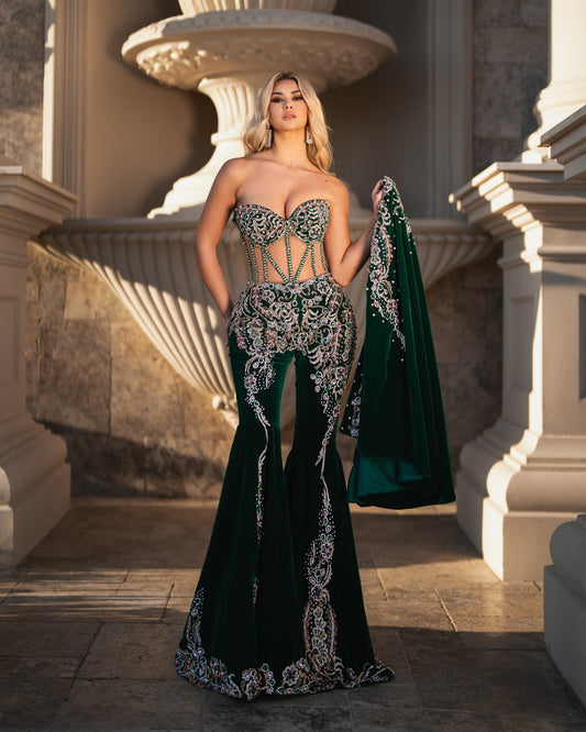 Tilda Green Jumpsuit Embellished with Crystals - BLINI