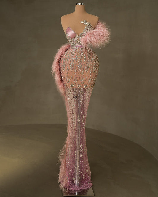 Toriella Pink Dress with Crystals and Feathers - BLINI