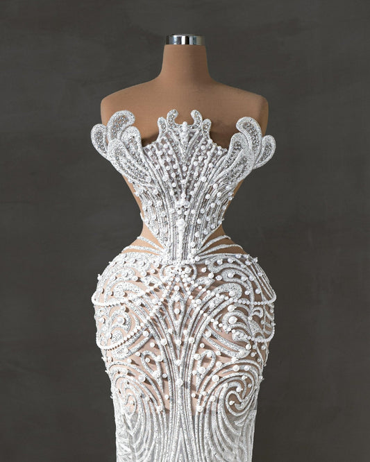 Tressiah Sleeveless Bridal Dress Embellished with Pearls - BLINI