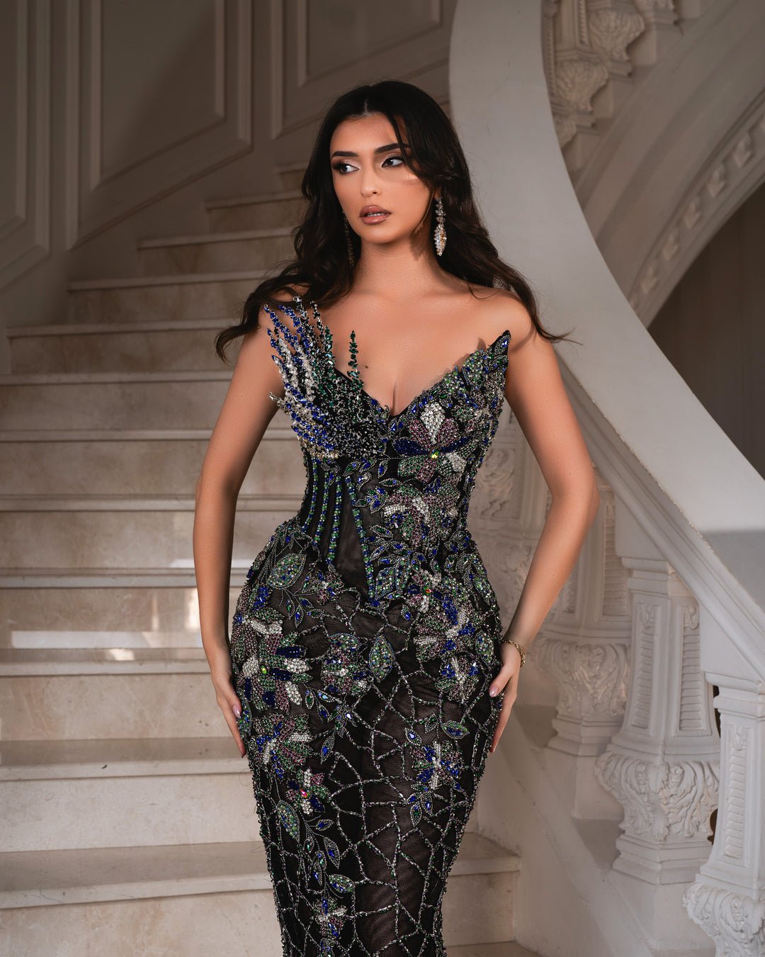 Trinda Deep Blue and Emerald Dress with Crystals - BLINI