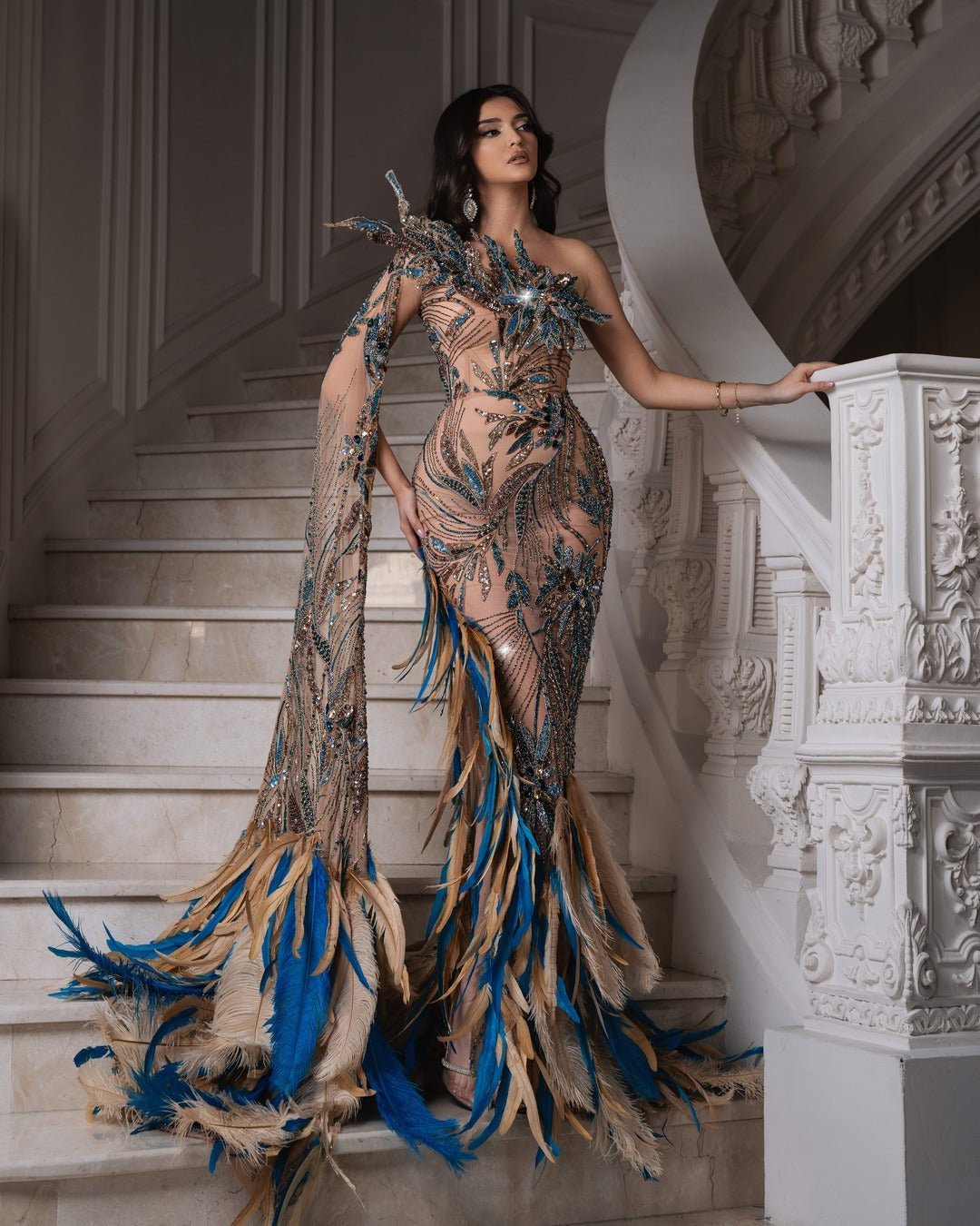 Trista One - Shoulder Dress with Feathers - BLINI