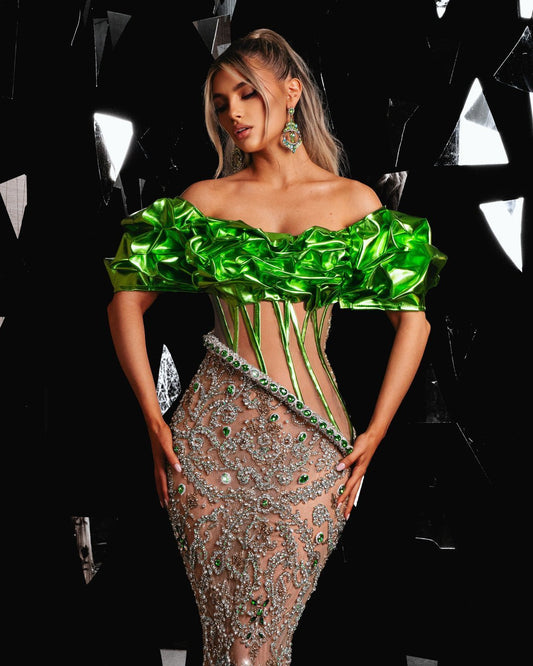Tureesa Green Dress with Stones and Metallic Leather - BLINI