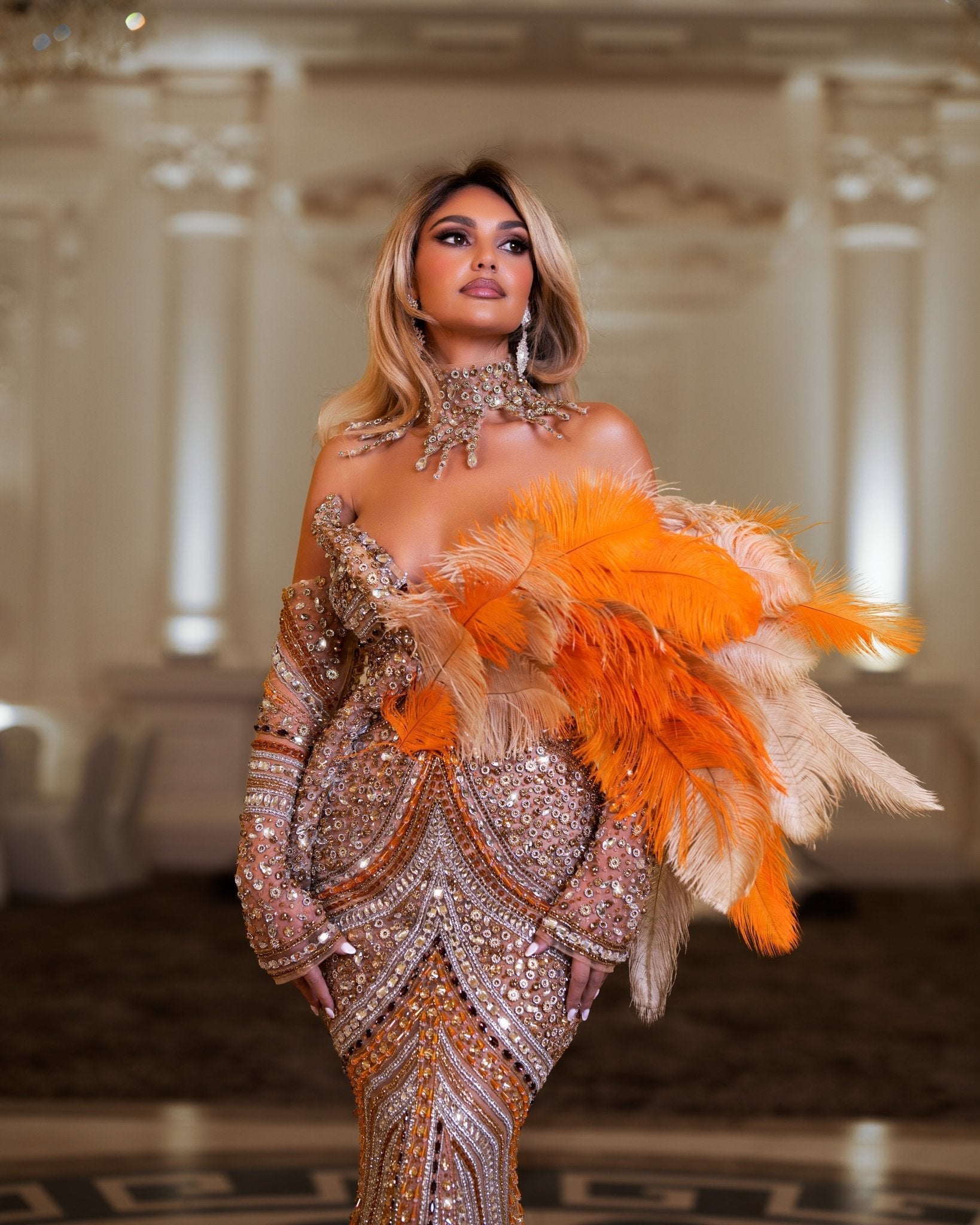 Twilight Off Shoulder Dress Embellished with Crystals and Feathers - BLINI