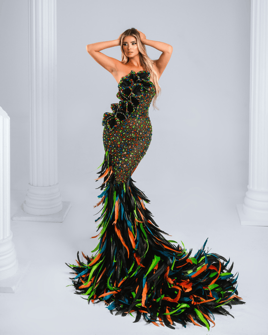 Uleya Black Dress with Crystals and Flowers - BLINI