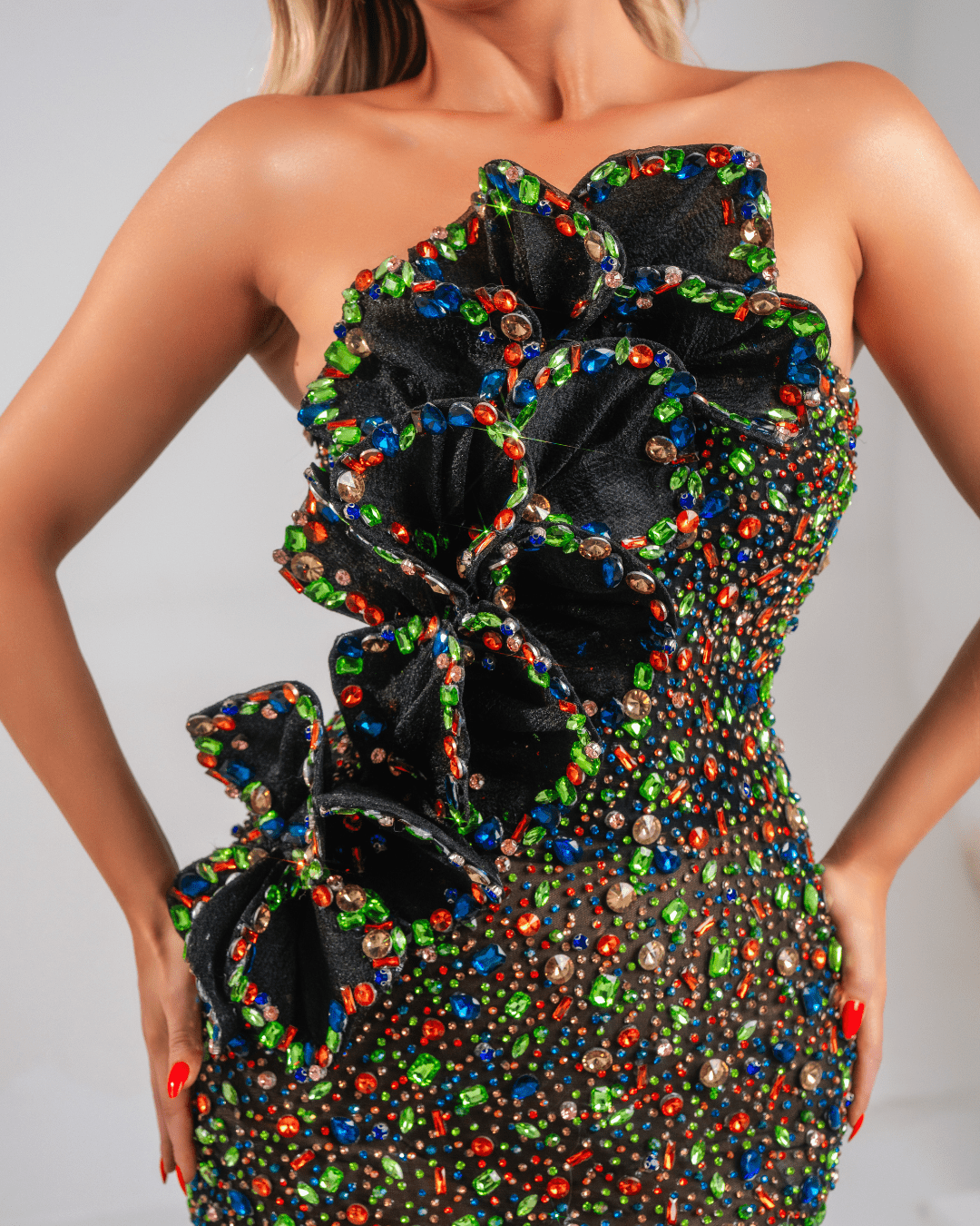 Uleya Black Dress with Crystals and Flowers - BLINI