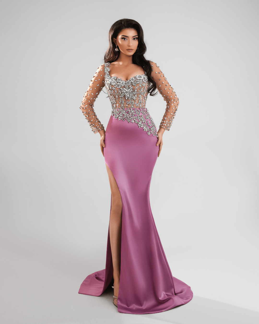 Unea PInk Long Dress with Crystals and Sleeves - BLINI