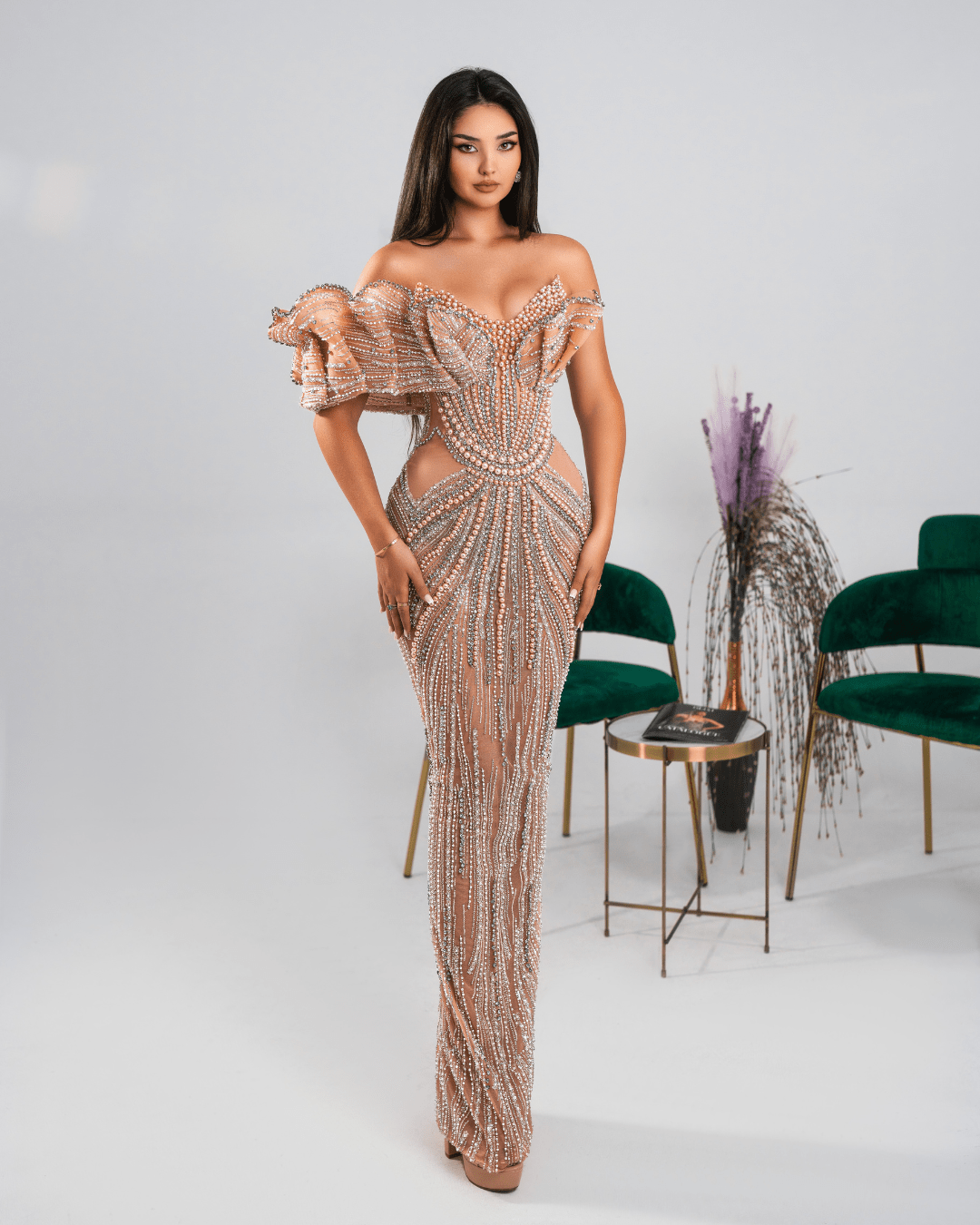 Unesia Nude Long Dress with Crystals and Pearls - BLINI