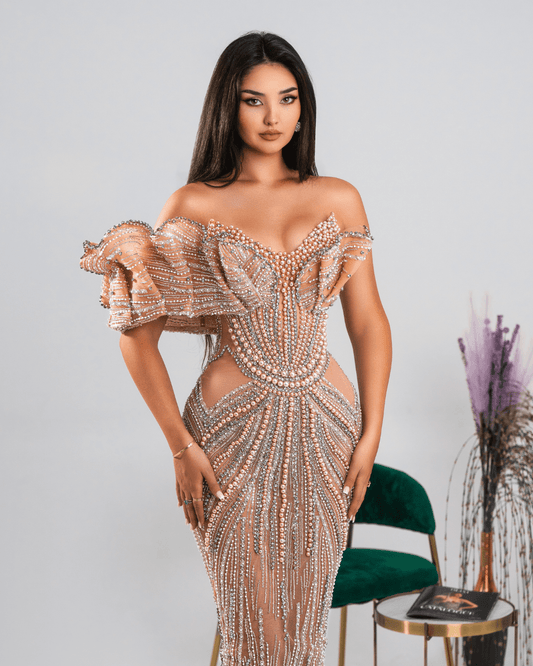 Unesia Nude Long Dress with Crystals and Pearls - BLINI