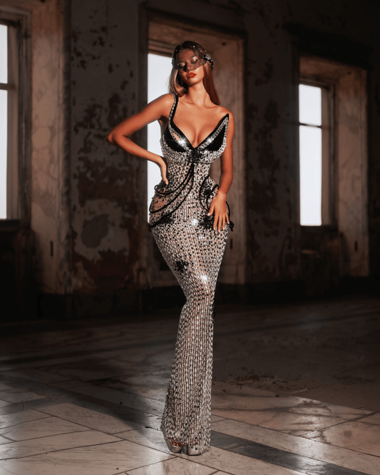 Uniane Silver Sleeveless Dress with Crystals and Headpiece - BLINI