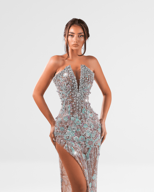 Urende Silver Long Sleeveless Dress with Crystals - BLINI