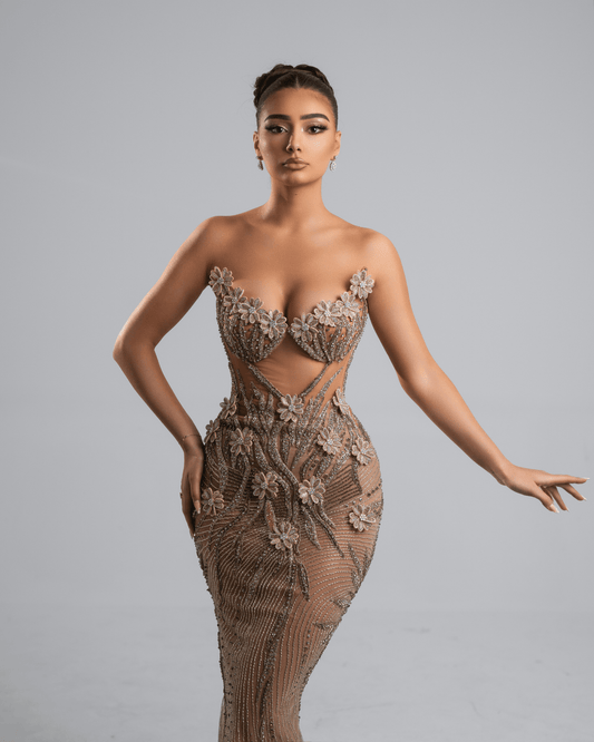 Urese Nude Long Dress with Flowers - BLINI