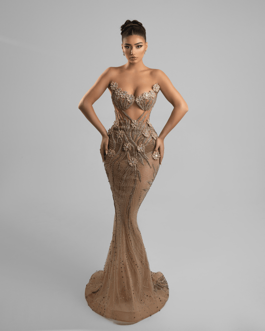 Urese Nude Long Dress with Flowers - BLINI