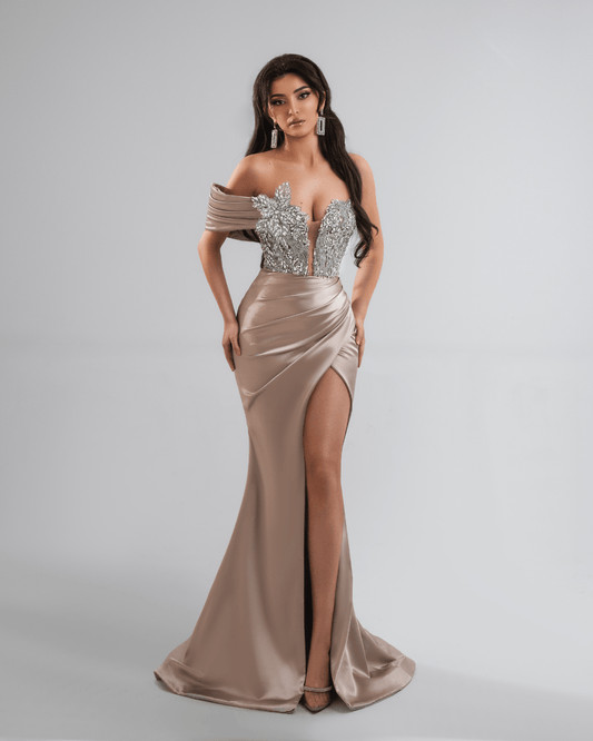 Ureve Nude Long Dress with Crystals - BLINI