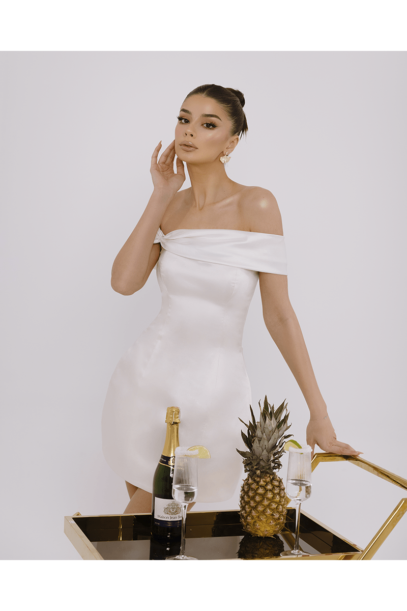 Valentina White Short Dress, Off Shoulder With Mikado Fabric - BLINI