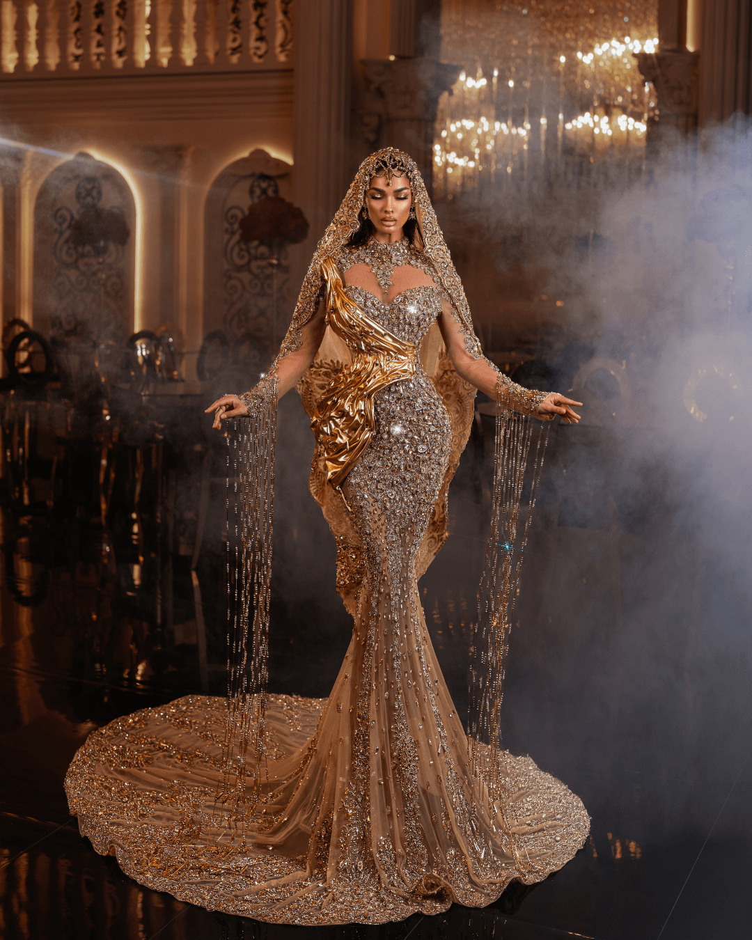 Valora Gold Long Dress with Metallic Leather and Vail - BLINI