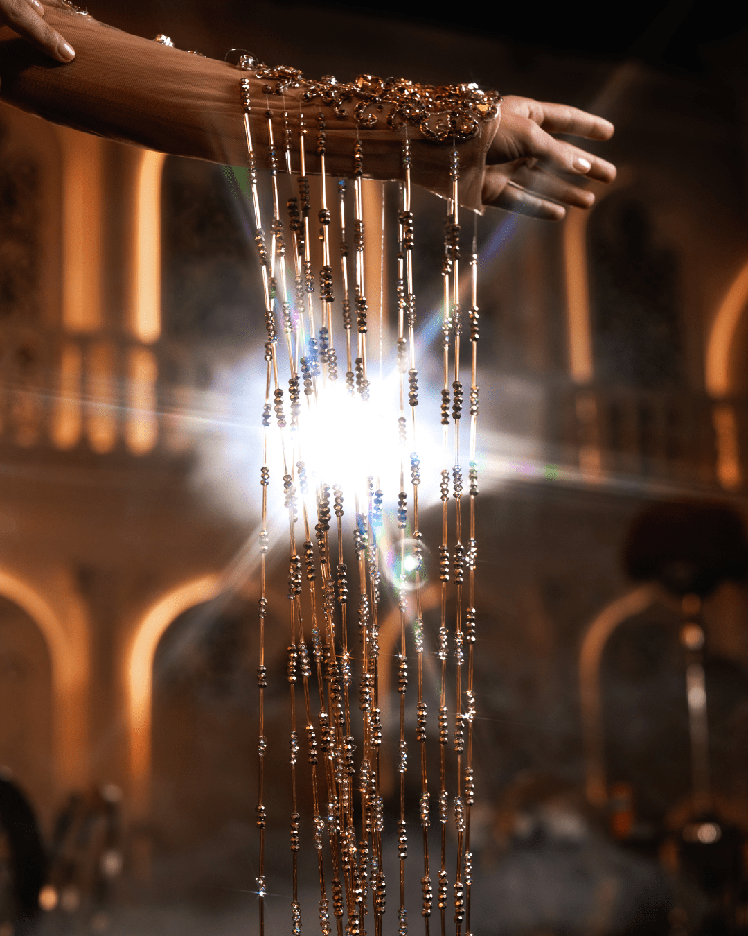 Valora Gold Long Dress with Metallic Leather and Vail - BLINI