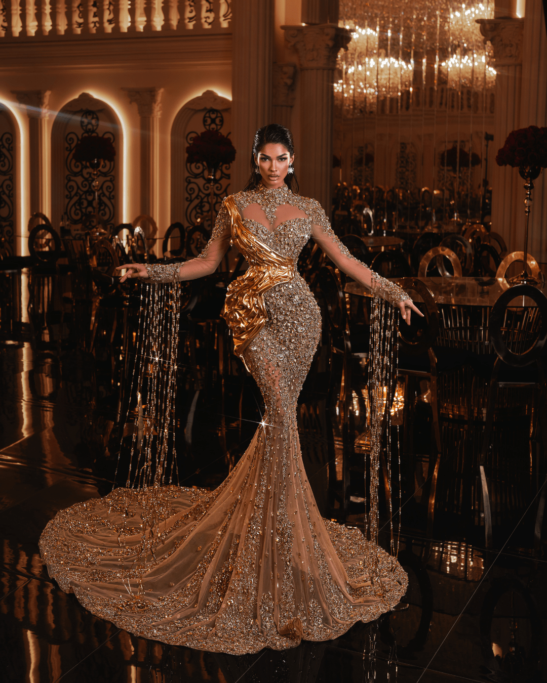 Valora Gold Long Dress with Metallic Leather and Vail - BLINI