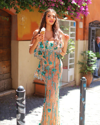 Veneto Sleeveless Dress with Aqua Flowers